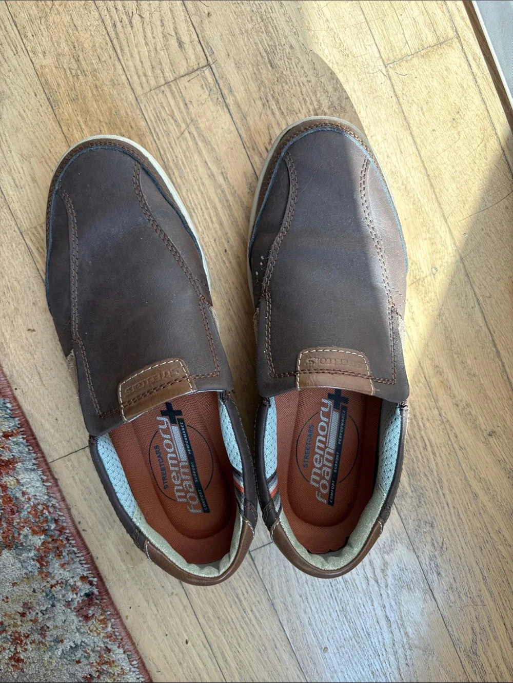 Skechers Men’s Brown Leather Slip-On Loafers with Contrast Stitching